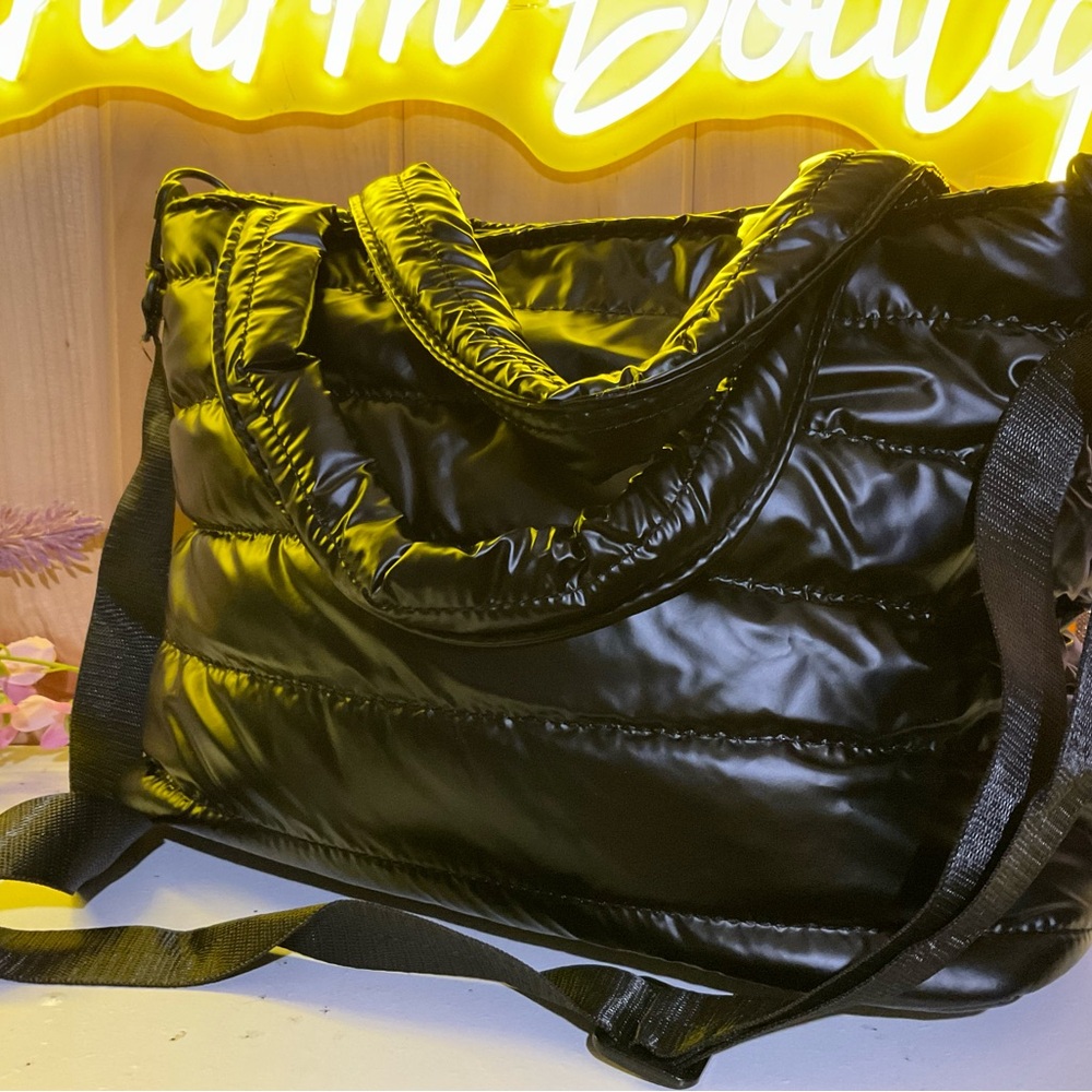 Black Quilted Tote Bag with Slouchy Shape and Short Handles